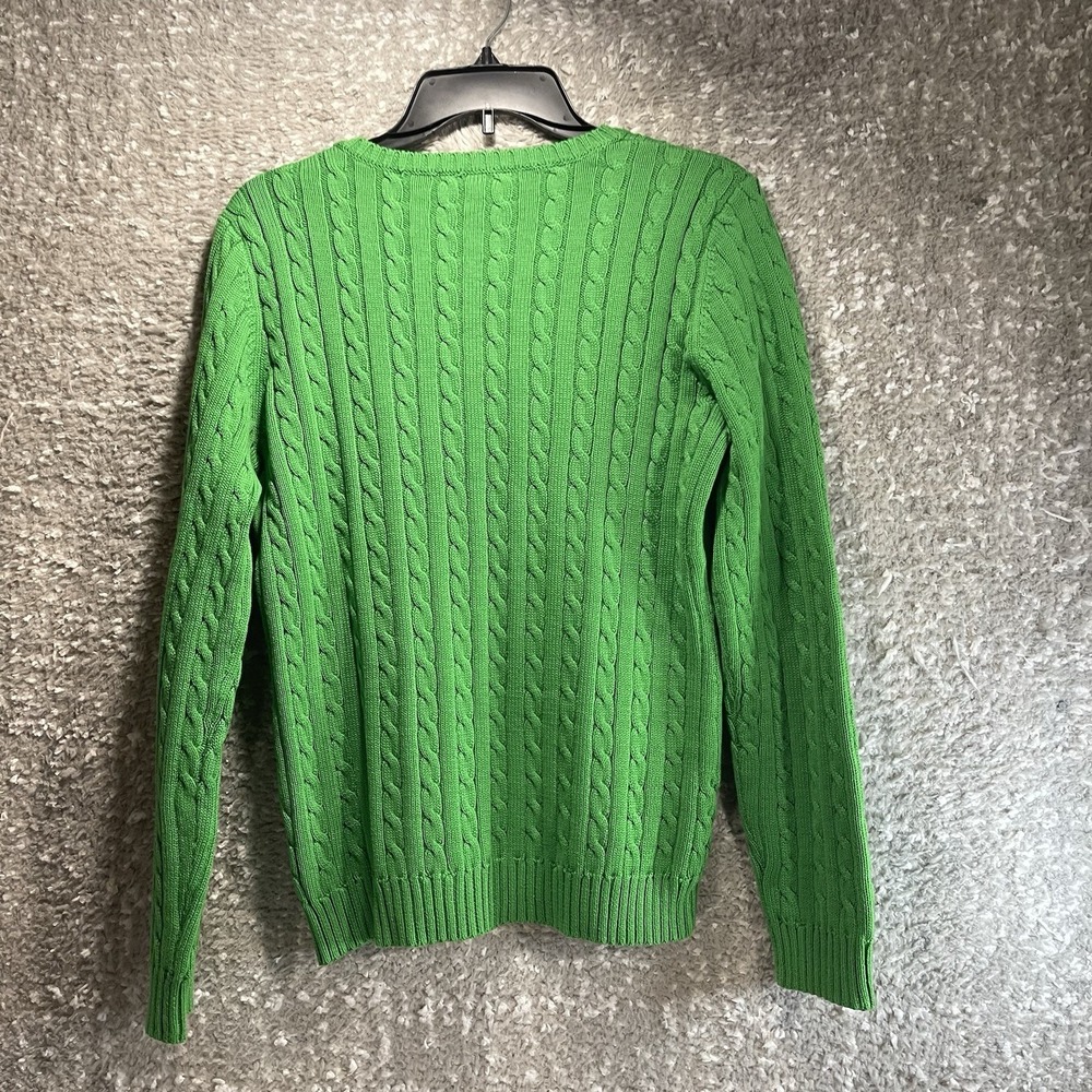 Lauren Ralph Lauren Women Green Cable Knit V-Neck Cotton Sweater M Preppy Tennis - Picture 2 of 10